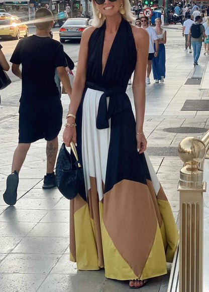 Colorblock Backless Lace Up Cotton Maxi Dresses Sleeveless