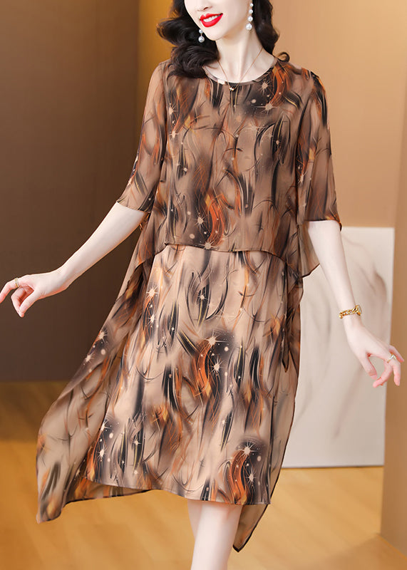 Brown O Neck Print False Two Pieces Silk Dresses Summer