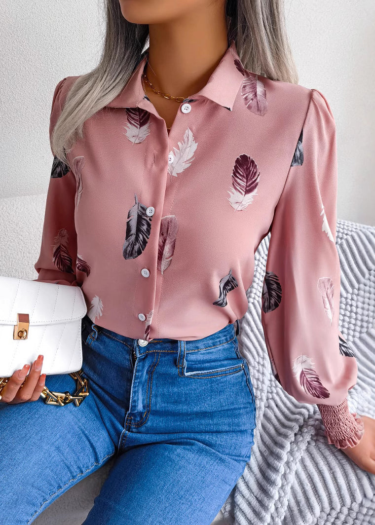 French White Peter Pan Collar Feathers Print Chiffon Shirt Spring