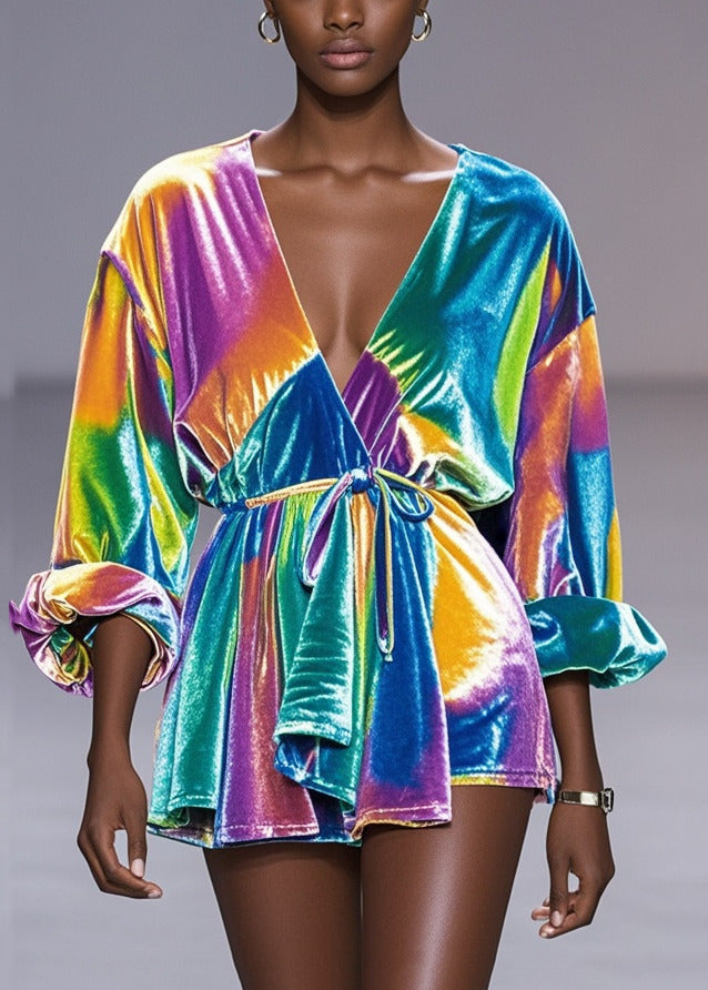 Rainbow Tie Waist Tie Dye Silk Velour Shirt Fall