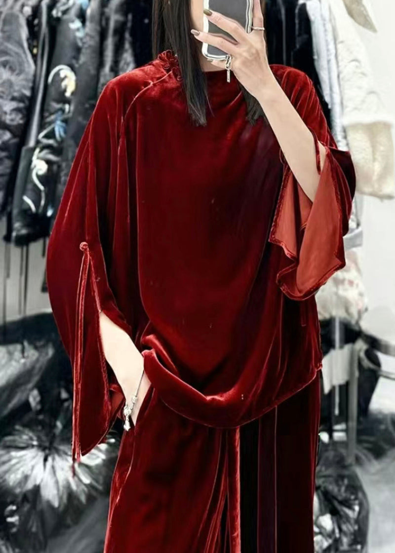 French Red Button Side Open Silk Velour Tops Long Sleeve