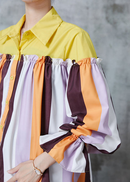Boutique Colorblock Striped Ruffled Patchwork Cotton Shirt Tops Fall