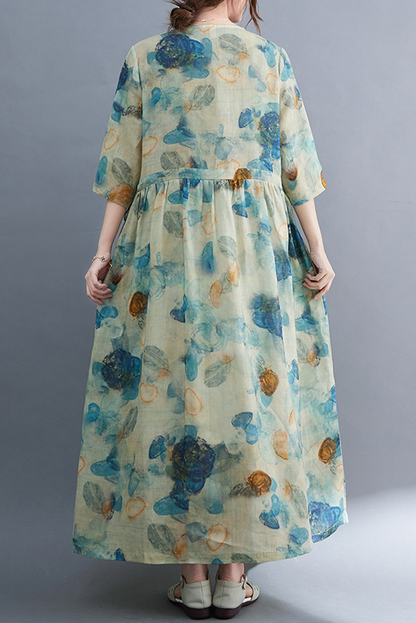 New Summer Blue Print Dress Ramie Short Sleeve Long Dress