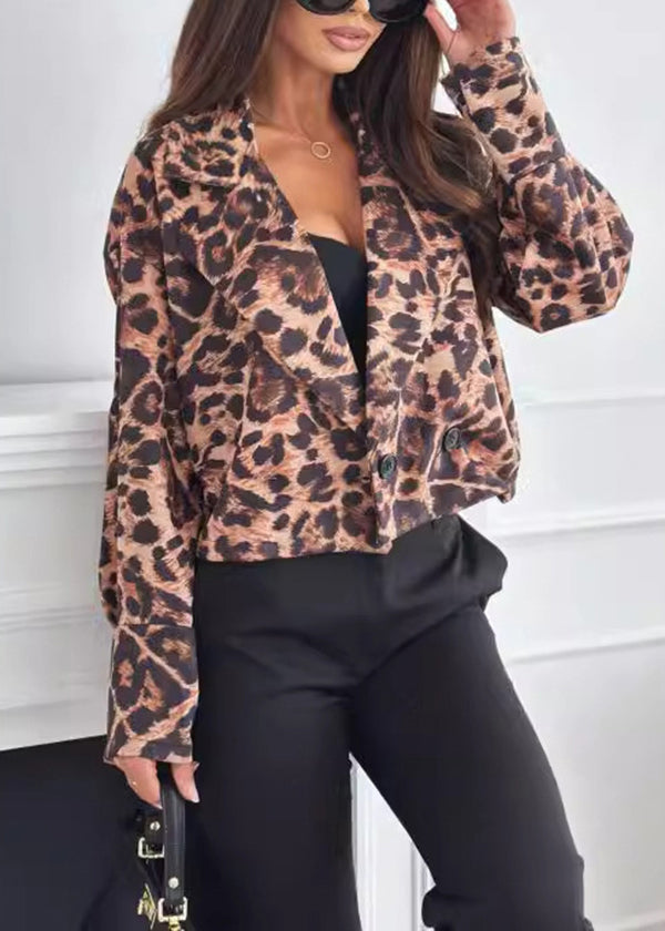 Autumn Short Coffee Leopard Print Suit Jacket