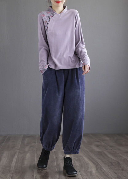 Modern Purple Embroidered Button Fall Cotton Top