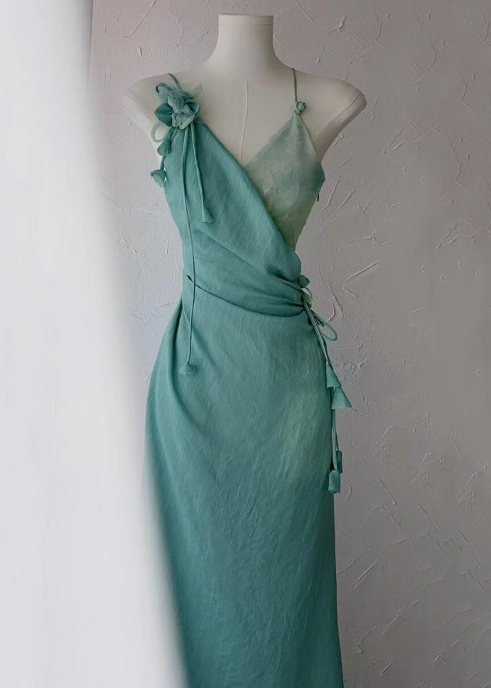 Green Asymmetrical Lace Up Cotton Long Dress Sleeveless