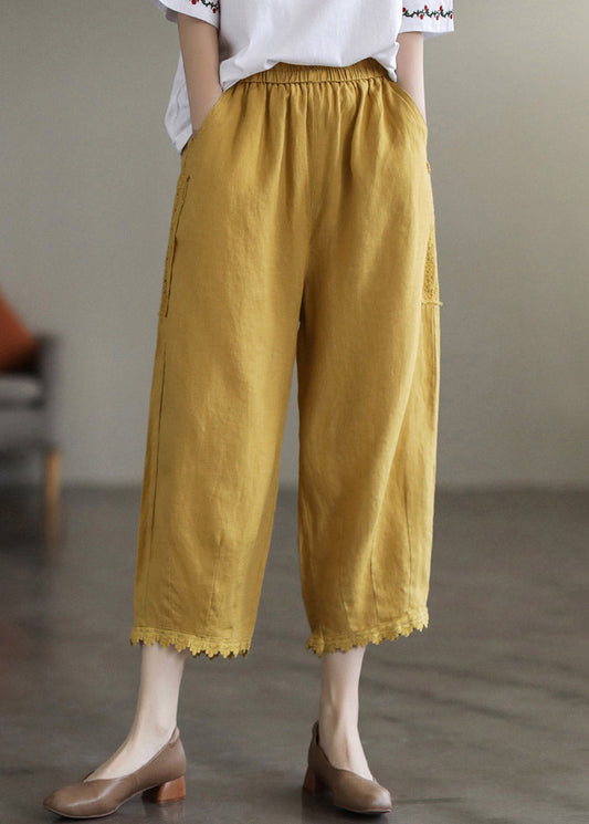 Yellow Elastic Waist Lace Patchwork Harem Pants