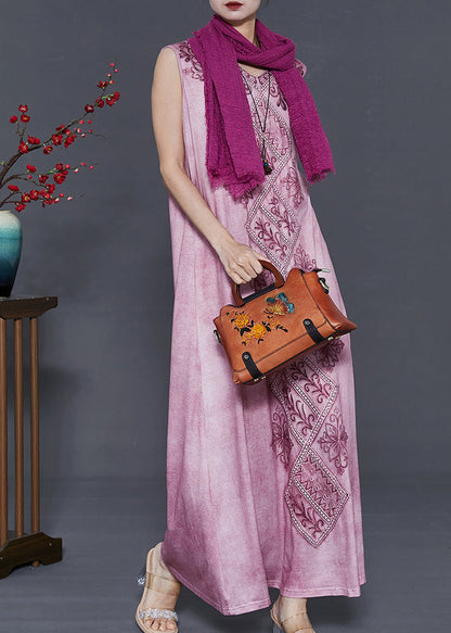 Purple Embroidered Tie Dye Cotton Dress Sleeveless