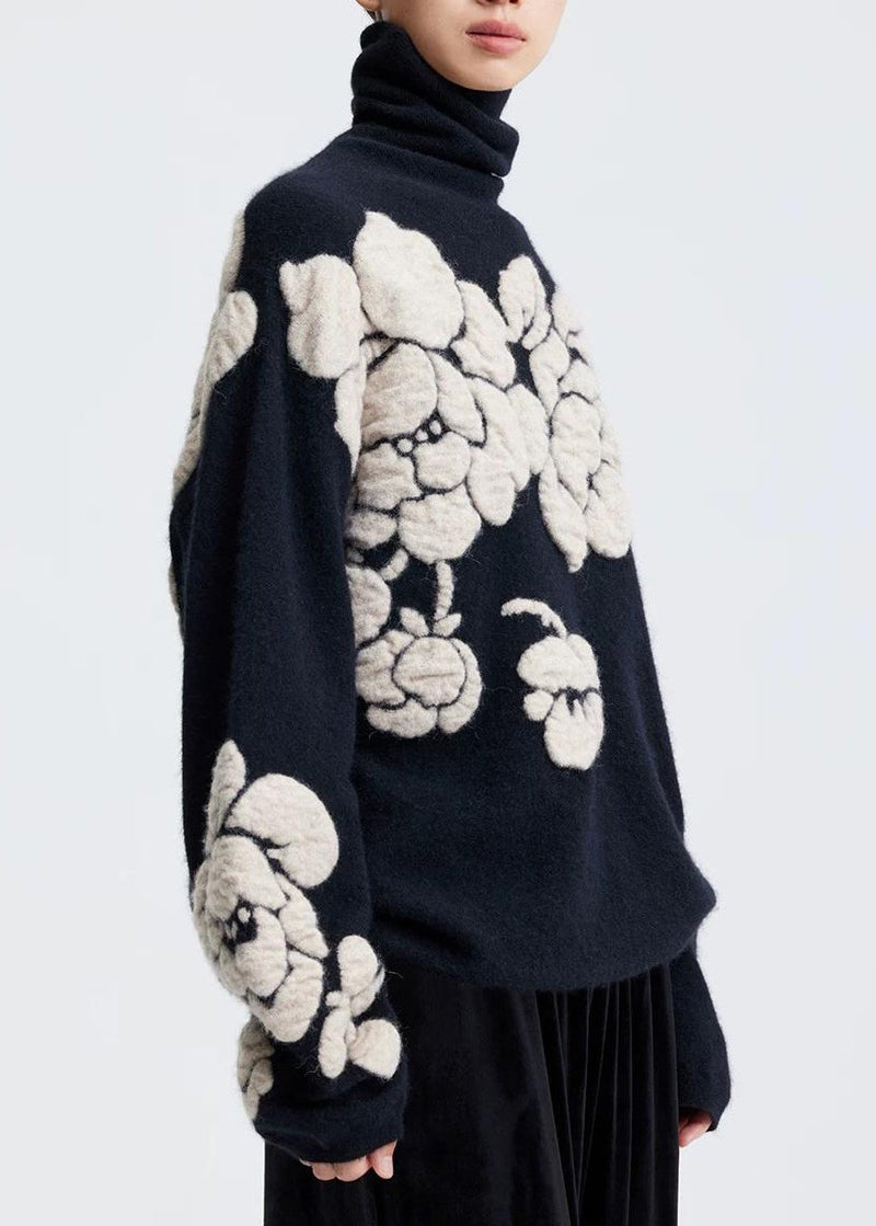 Jacquard Black Turtleneck Wool Knit Sweaters Winter