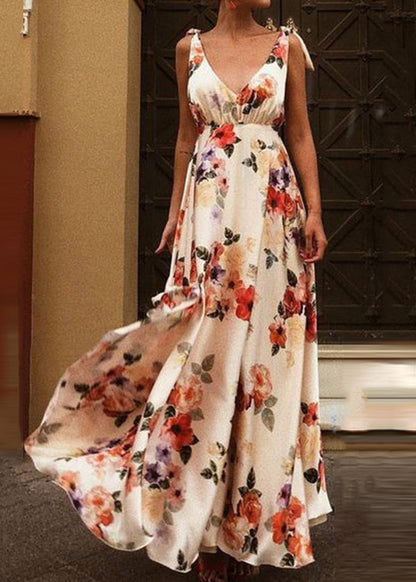 Backless Print Lace Up Chiffon Spaghetti Strap Dress Summer