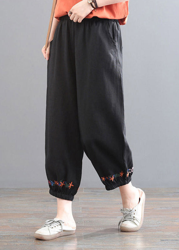 Black Embroidered Elastic Waist Harem Pants Summer