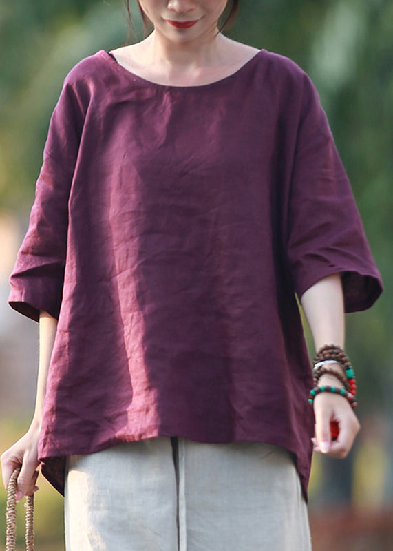 Purple O-neck Linen Shirts Summer