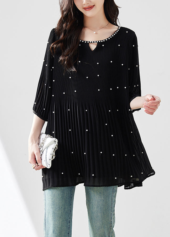 Loose Black O-neck Nail Bead Chiffon T Shirt Summer