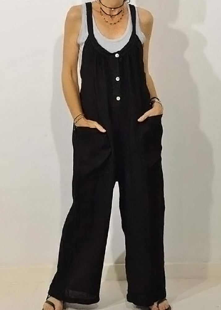 Khaki O-neck Button Jumpsuits Sleeveless