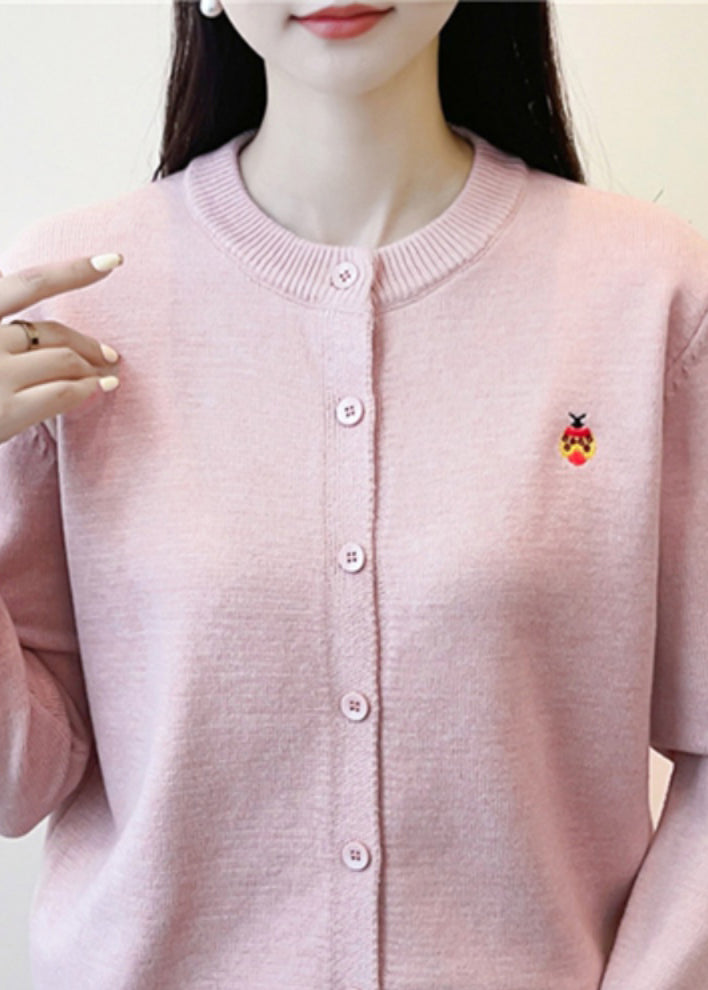 Simple Pink O-neck Print Button Knit Cardigan Fall