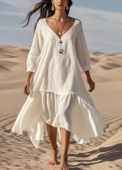White V Neck Cotton Vacation Dresses Bracelet Sleeve