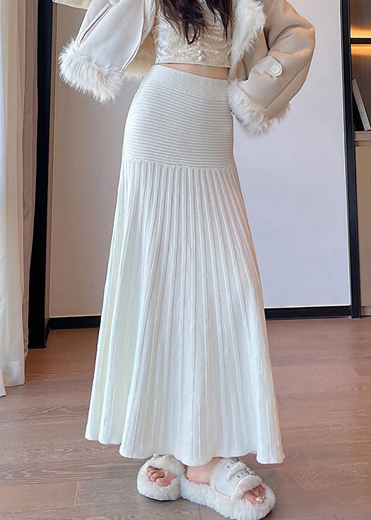 New White High Waist Knit Pleated Skirt