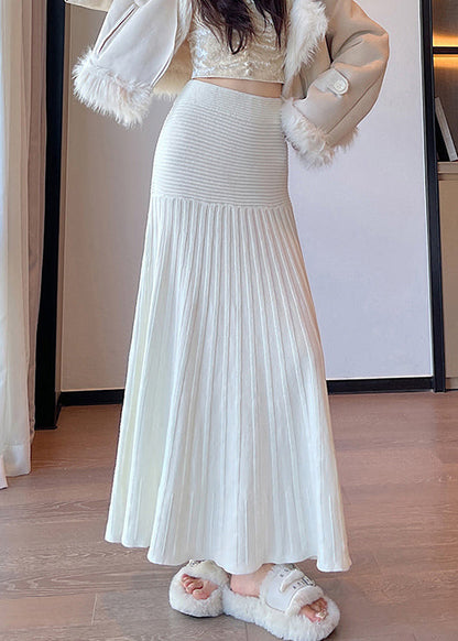 New White High Waist Knit Pleated Skirt