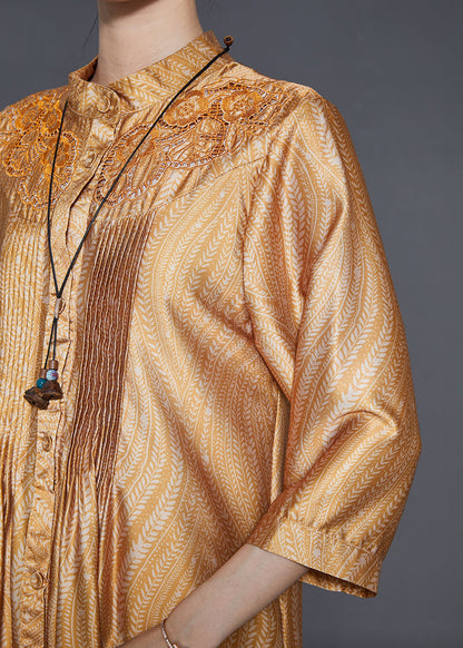Yellow Hollow Out Print Wrinkled Silk Shirt Dresses Summer