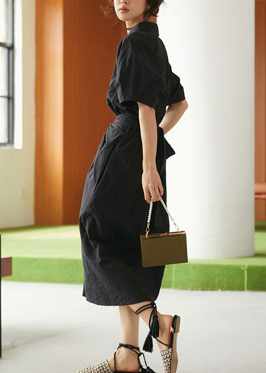 Black Peter Pan Collar Lace Up Cotton Dresses Summer