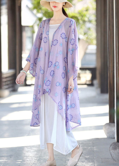 French Purple Asymmetrical Print Cotton Upf 50+ Cardigans Summer