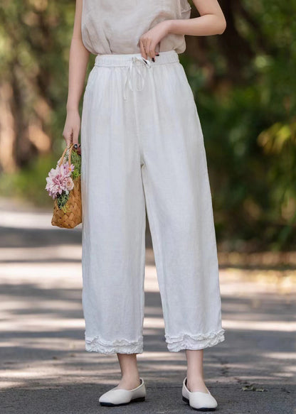 Stylish Purple Ruffled Pockets Linen Wide Leg Pants