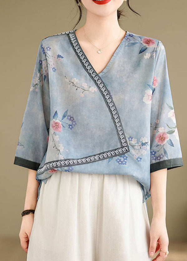 Blue V Neck Print Patchwork Cotton Tops Summer