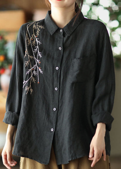 Black Peter Pan Collar Embroidered Linen Blouse Spring