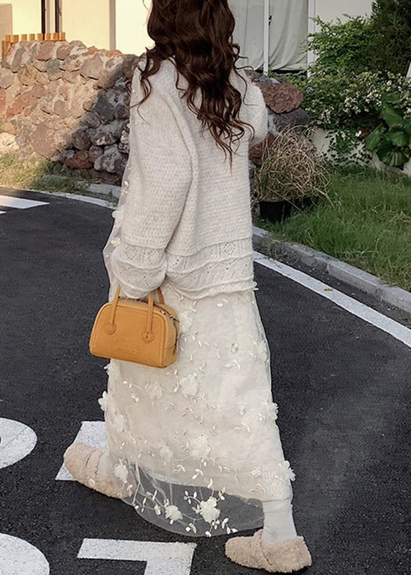 Beige Hollow Out Sweaters and Skirts Patchwork Knit Two Piece Set Fall