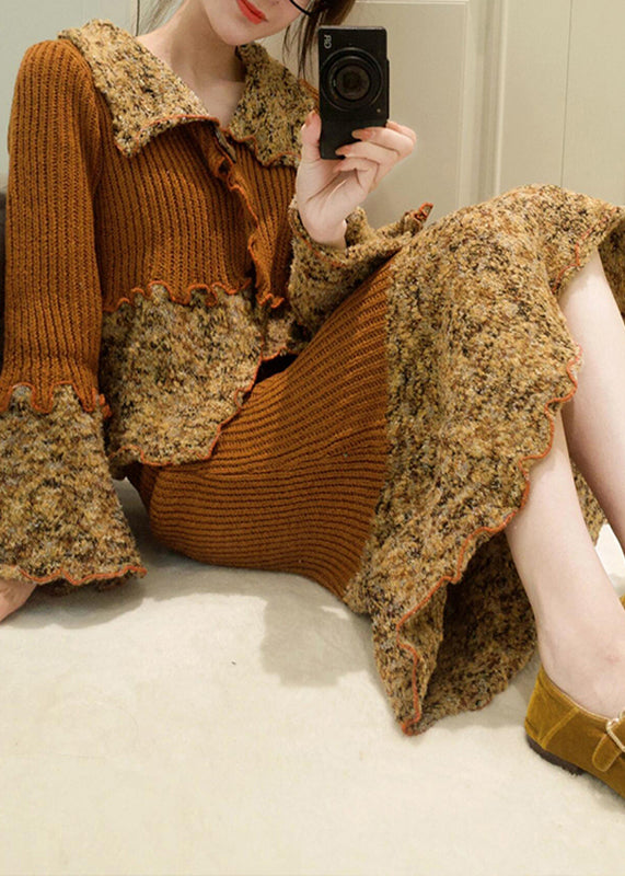 French Peter Pan Collar Print Patchwork Cotton Knit Cardigans and Maxi Skirts Two Pieces Set Fall