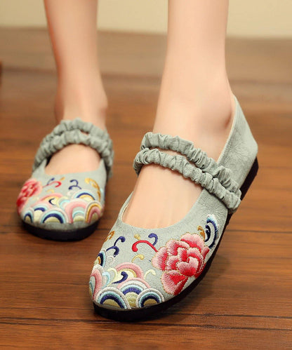 Red Embroidered Cotton Linen Fabric Flat Shoes Lace Up Flat Shoes
