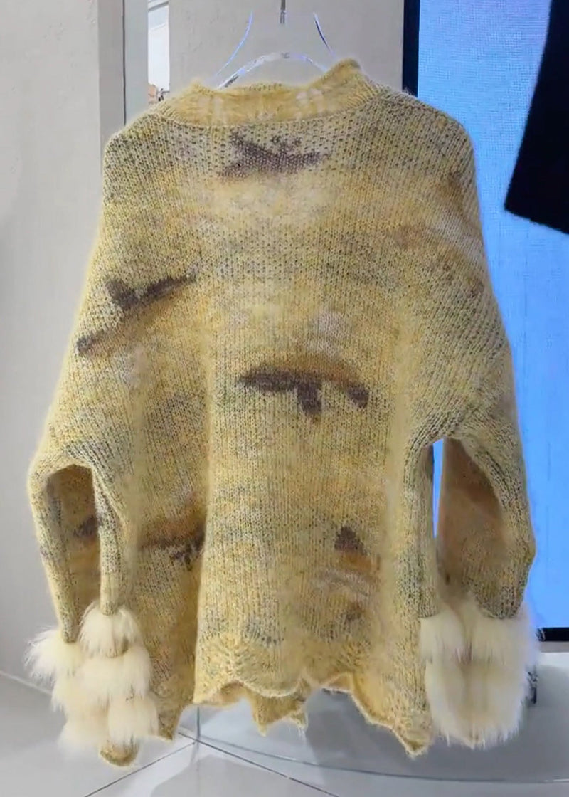 Yellow Fur Cotton Knit Cardigans Fall
