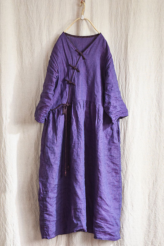 -spring Retro Linen Buckle Dress