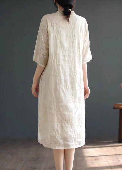 Chinese Style Apricot Embroidered Button Patchwork Linen Dress Summer