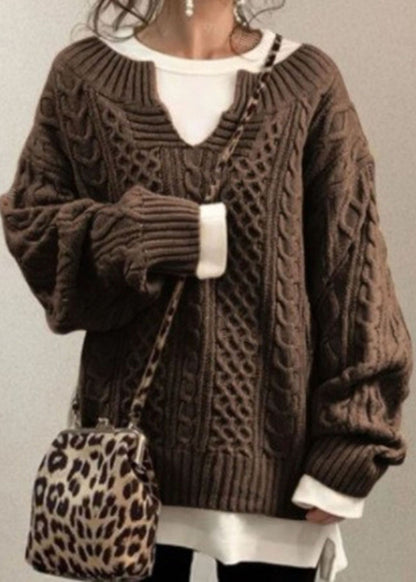 Simple Coffee V Neck Cozy Cable Knit Sweaters Fall