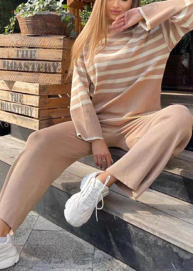 French Khaki High Neck Striped Knit Two Pieces Set Spring