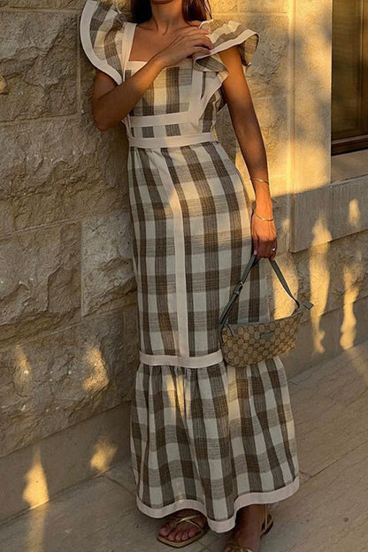 Plaid Patchwork Flounce Square Collar a Line Dresses