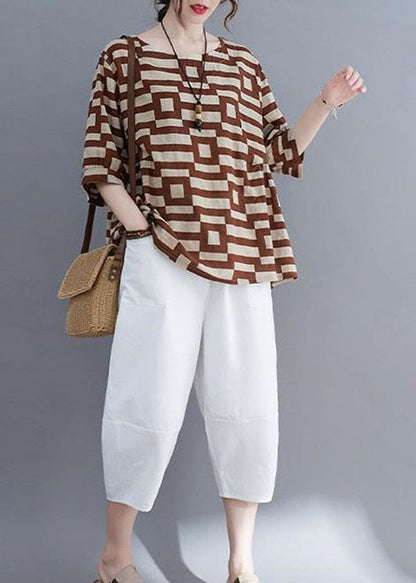 Organic Coffee O-neck Print Patchwork Cotton T Shirt Summer