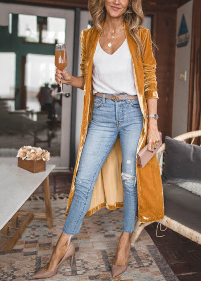 Yellow Pockets Velvet Long Coat Fall