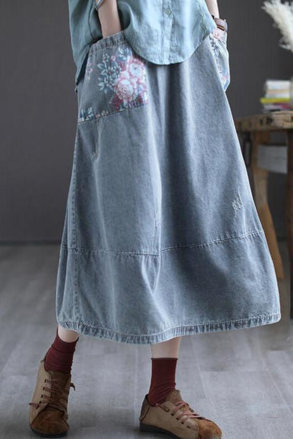 Elastic Waist Denim Cotton Skirt