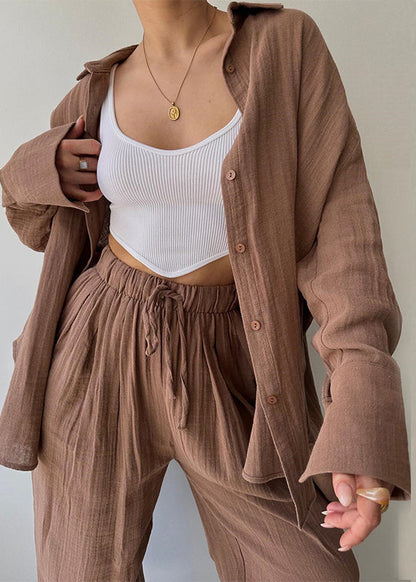 Khaki Shirts and Pants Cotton Two Pieces Set Long Sleeve