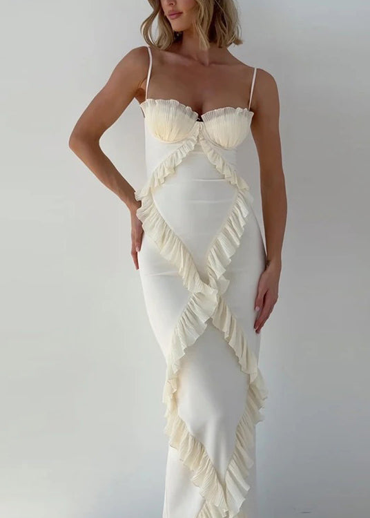 White Ruffled Patchwork Cotton Spaghetti Strap Dress Summer