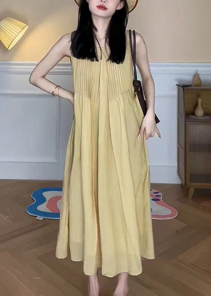 Yellow O Neck Pockets Cotton Long Dress Sleeveless