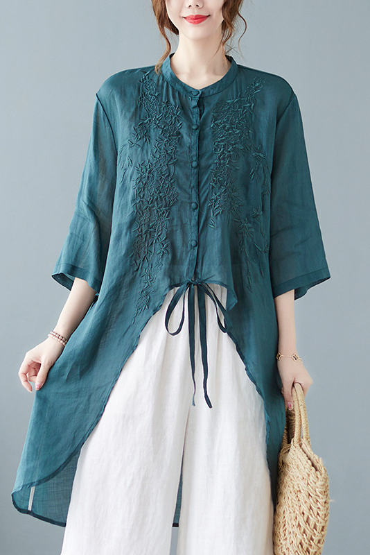 Summer Embroidered Loose Long Top Half Sleeve Ramie Shirt