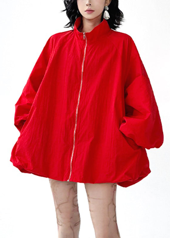 Black Stand Collar Pockets Trench Coats Lantern Sleeve