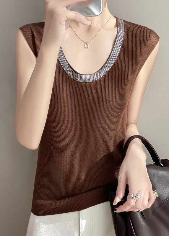 New Coffee Zircon Cozy Knit Tank Sleeveless