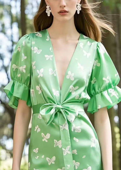Light Green Puff Sleeve Butterfly Silk Day Dress