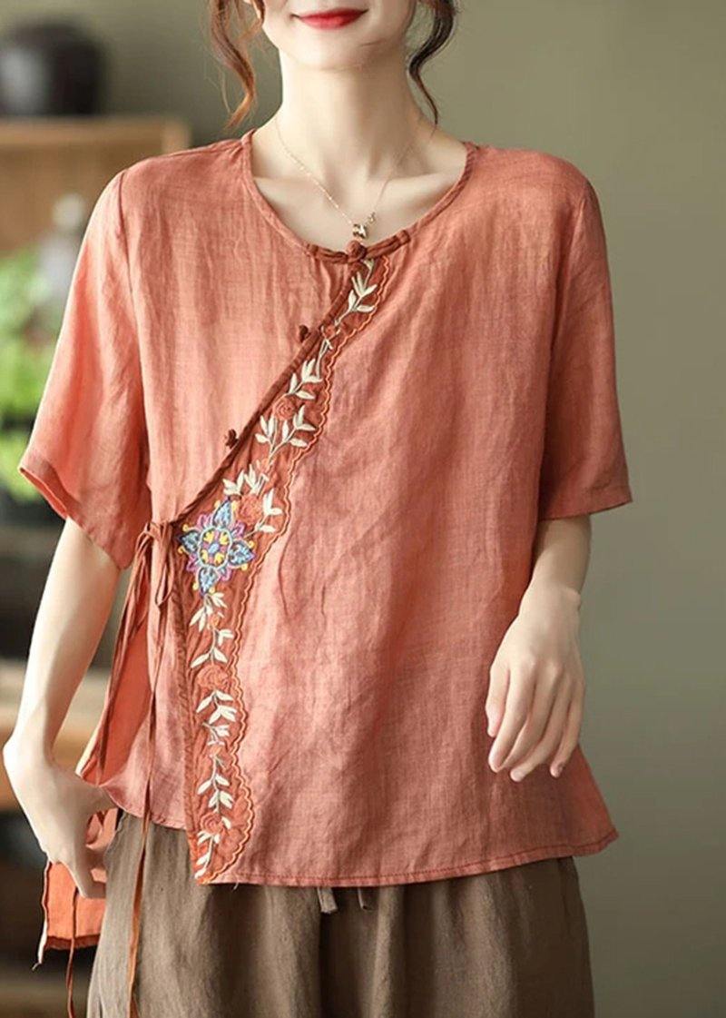 Orange Ramie Lace-up Embroidered Irregular T-shirt