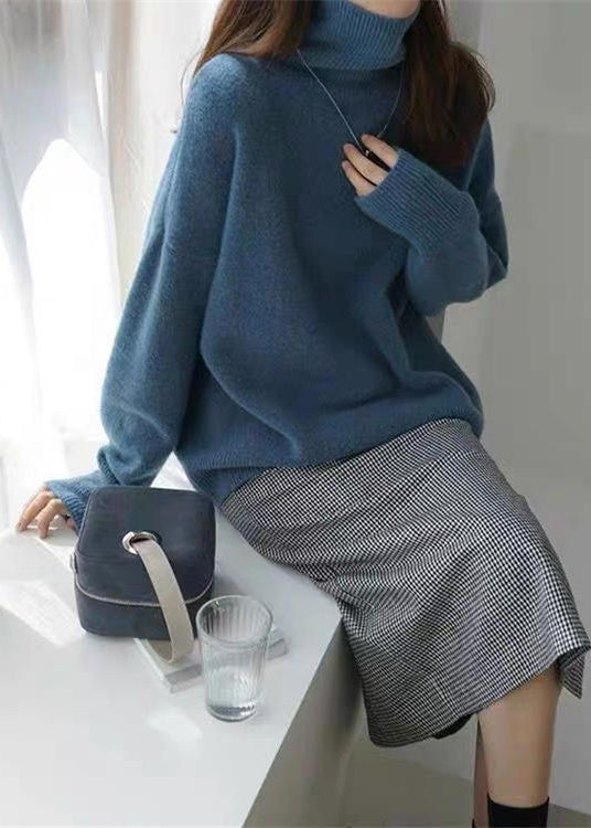 French Khaki Hign Neck Thick Knitted Sweaters Tops Fall