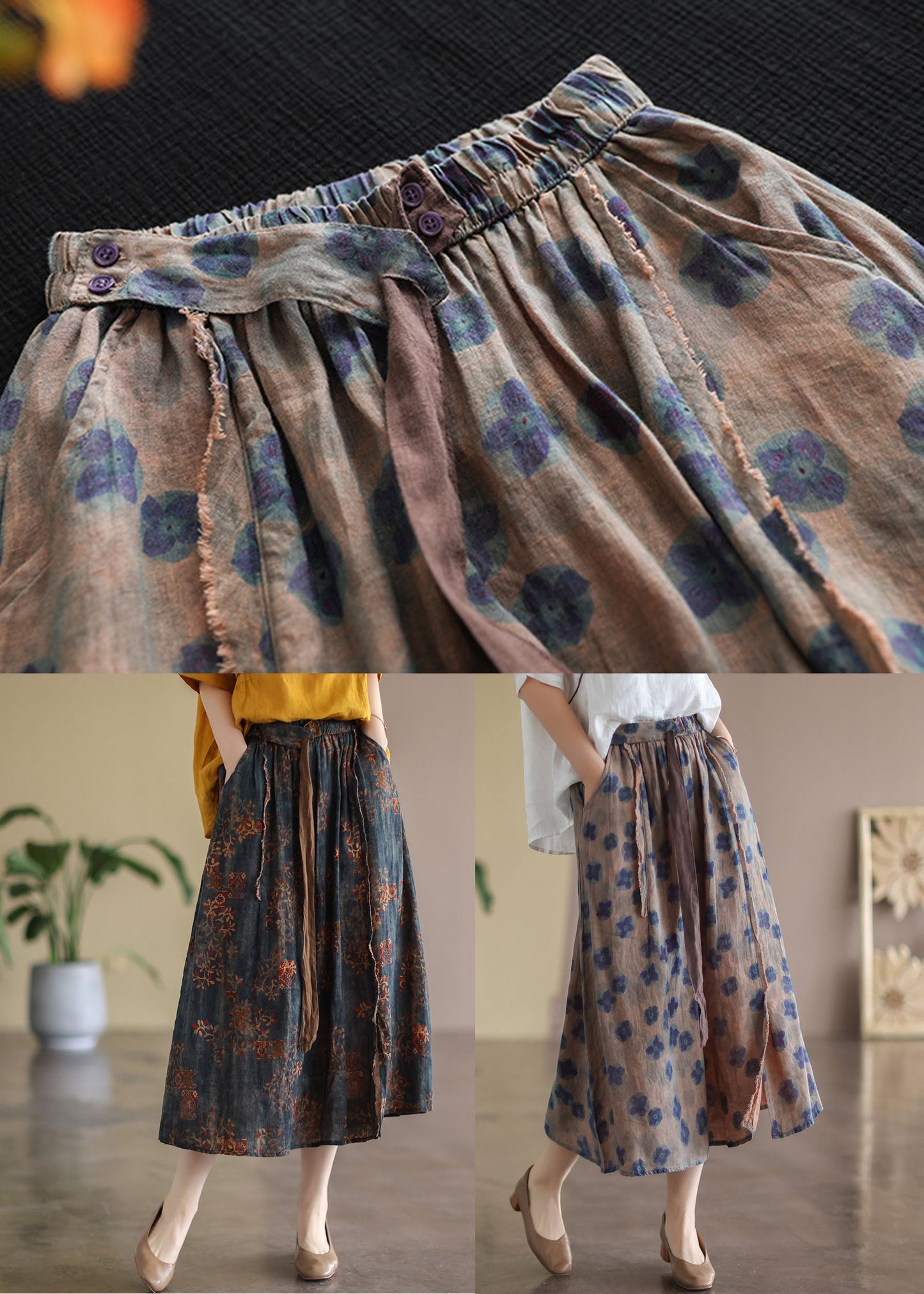 Khaki Elastic Waist Print Linen Skirts Summer